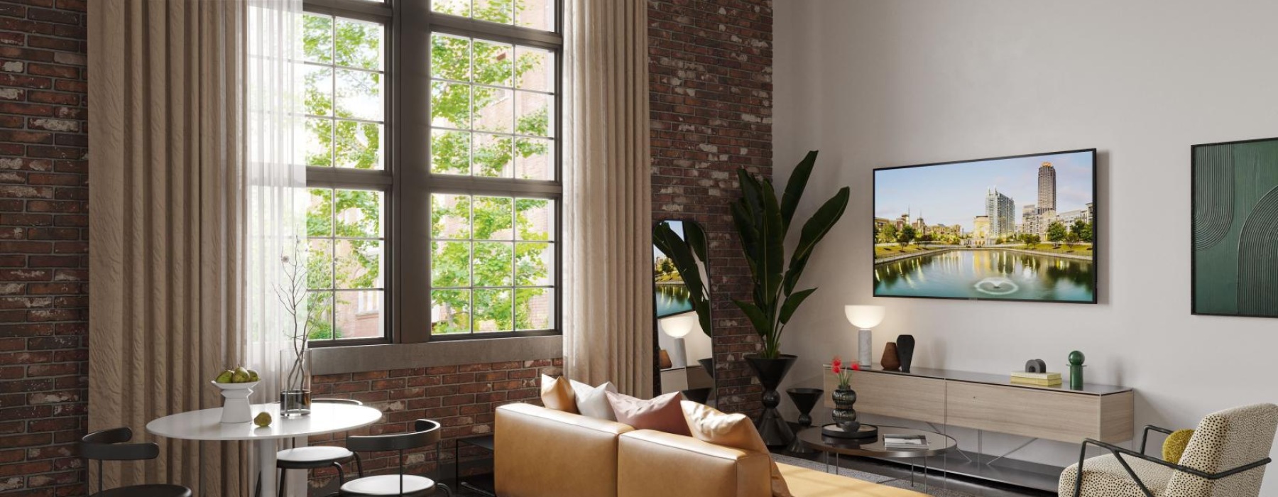 a living room with a large window