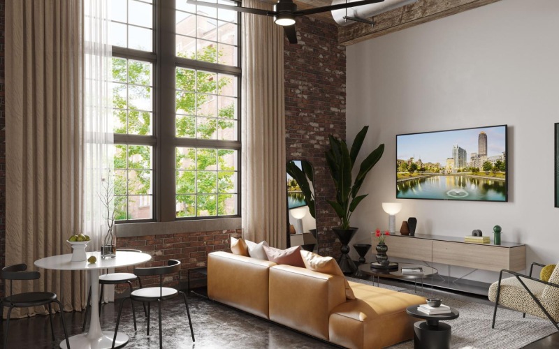 a living room with a large window