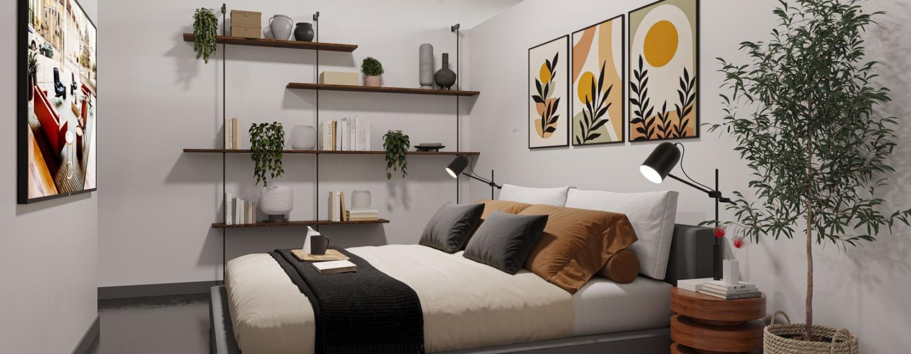 Stylish studio apartment bedroom in a loft for rent in Atlanta featuring a double bed with neutral bedding, wall art, floating shelves, indoor plants, and exposed ductwork on the ceiling. Perfect for apartments in downtown Atlanta, GA.